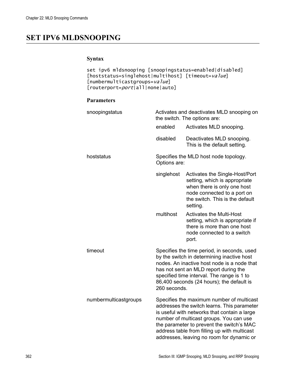 Set ipv6 mldsnooping | Allied Telesis AT-S63 User Manual | Page 362 / 718