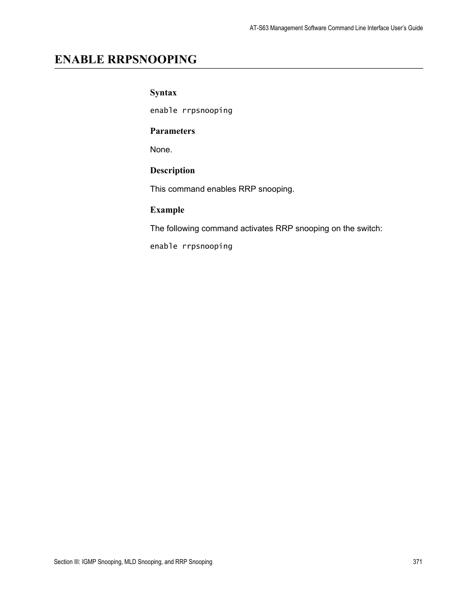 Enable rrpsnooping | Allied Telesis AT-S63 User Manual | Page 371 / 718