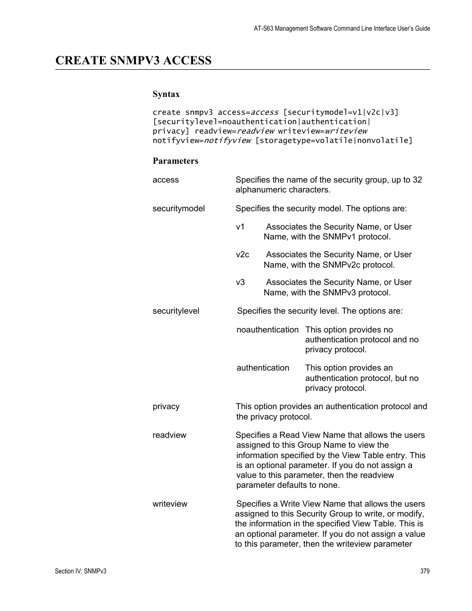 Create snmpv3 access | Allied Telesis AT-S63 User Manual | Page 379 / 718