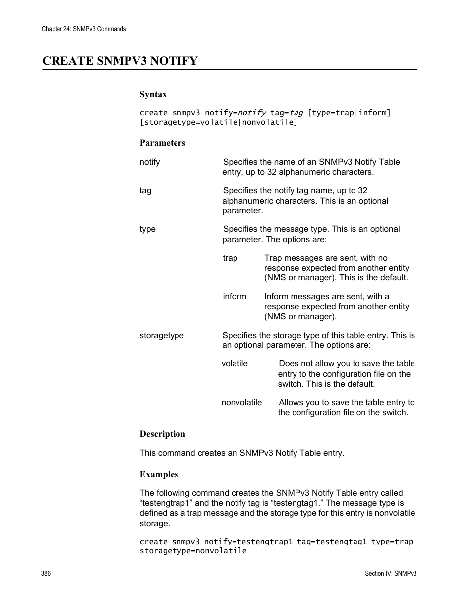 Create snmpv3 notify | Allied Telesis AT-S63 User Manual | Page 386 / 718