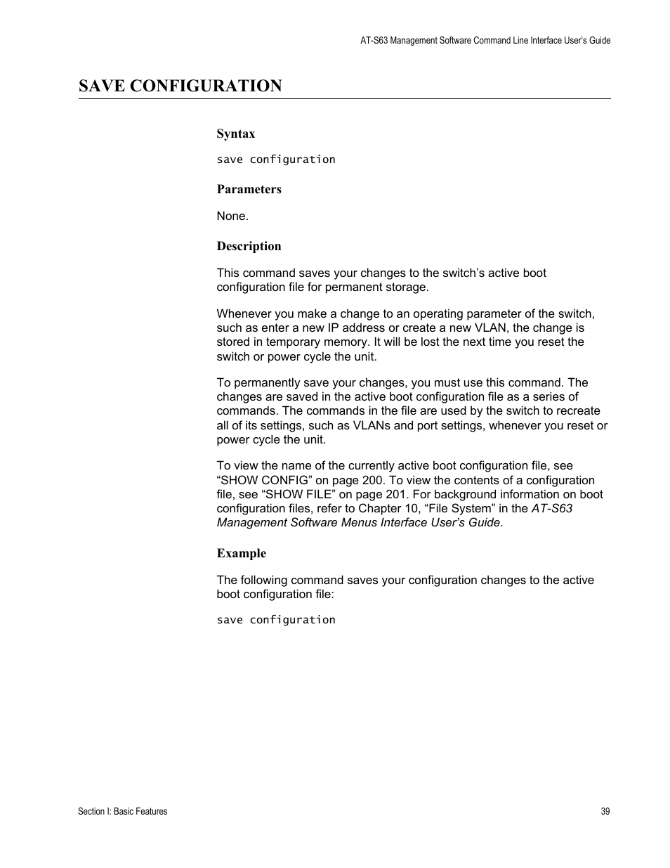 Save configuration | Allied Telesis AT-S63 User Manual | Page 39 / 718