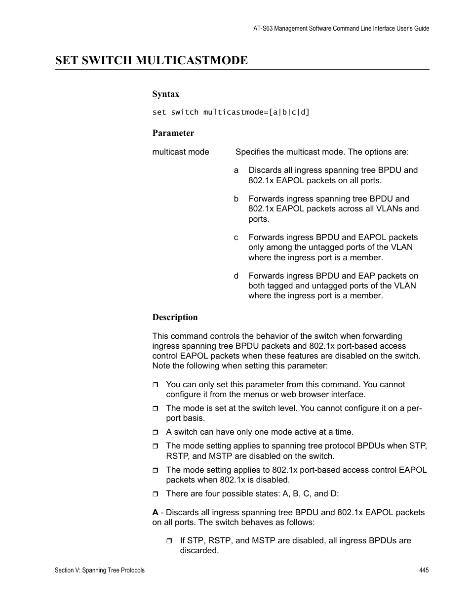 Set switch multicastmode | Allied Telesis AT-S63 User Manual | Page 445 / 718