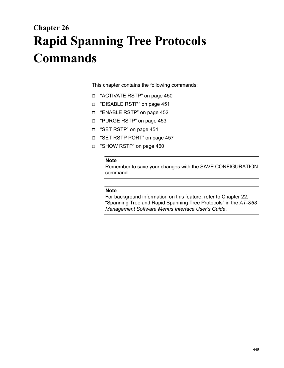 Chapter 26, Rapid spanning tree protocols commands | Allied Telesis AT-S63 User Manual | Page 449 / 718