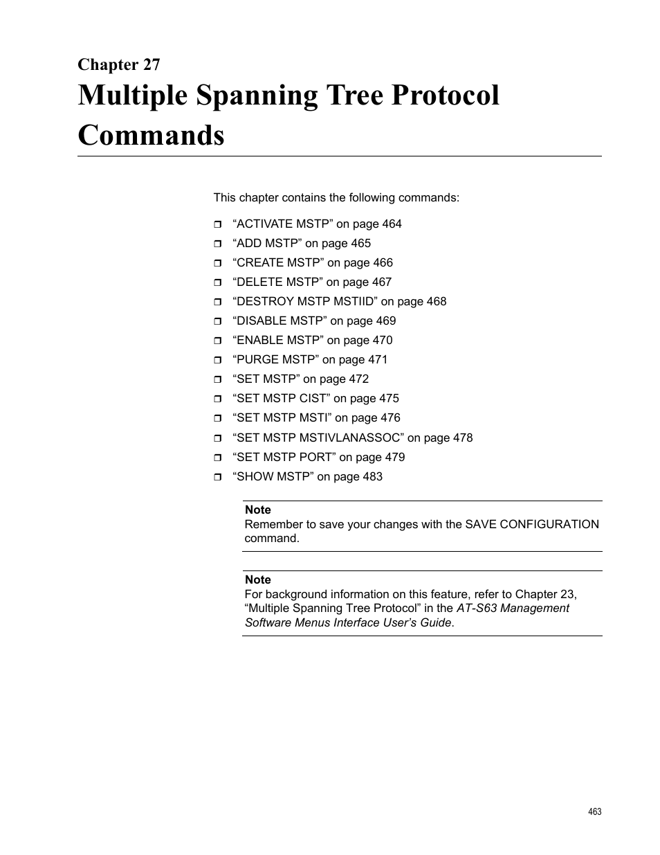 Chapter 27, Multiple spanning tree protocol commands | Allied Telesis AT-S63 User Manual | Page 463 / 718