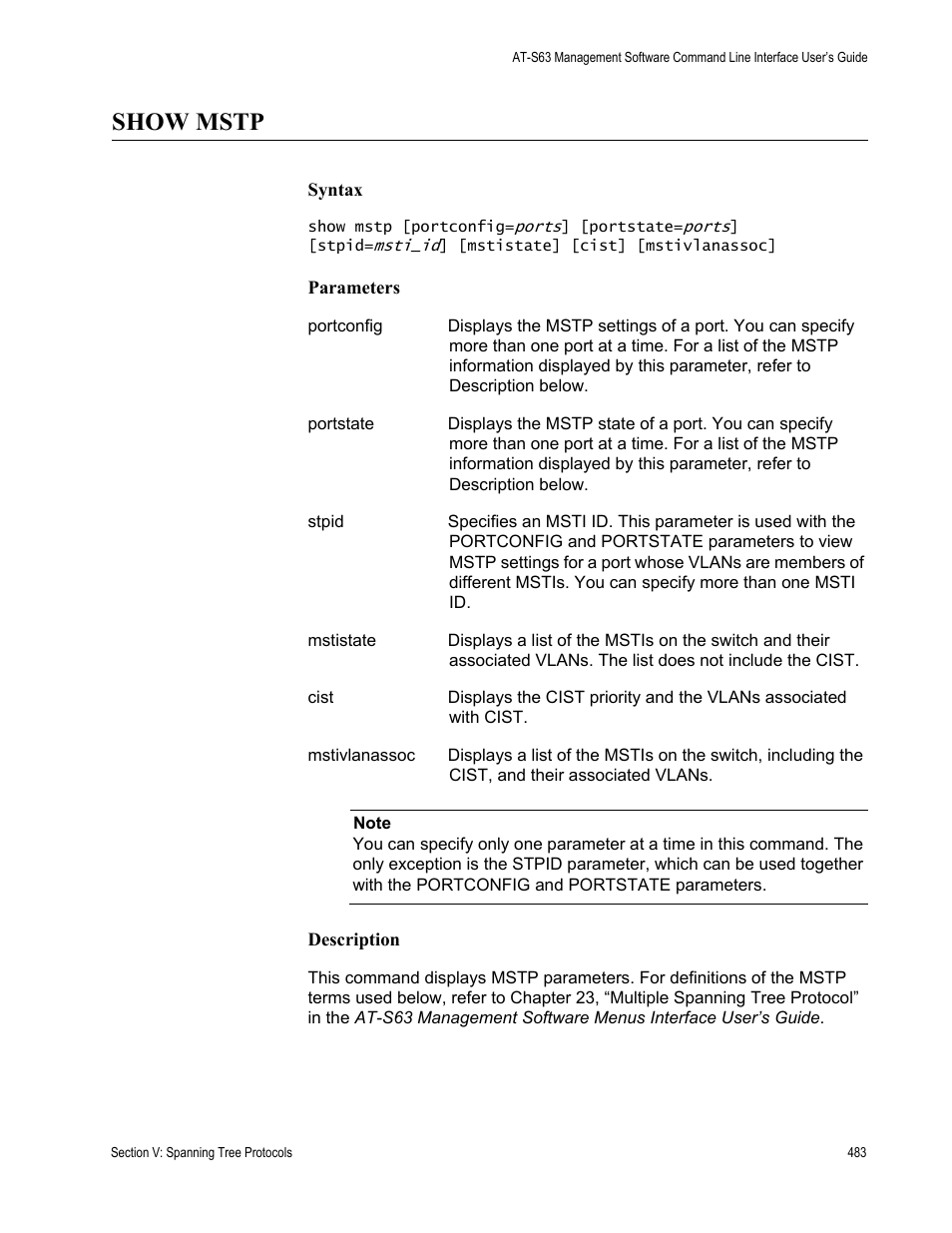 Show mstp | Allied Telesis AT-S63 User Manual | Page 483 / 718