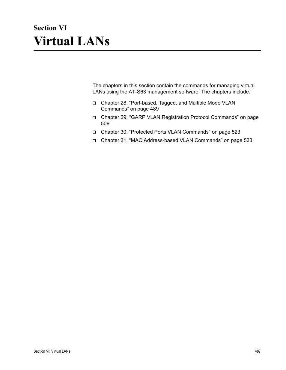 Section vi, Virtual lans, Section vi: virtual lans | Allied Telesis AT-S63 User Manual | Page 487 / 718