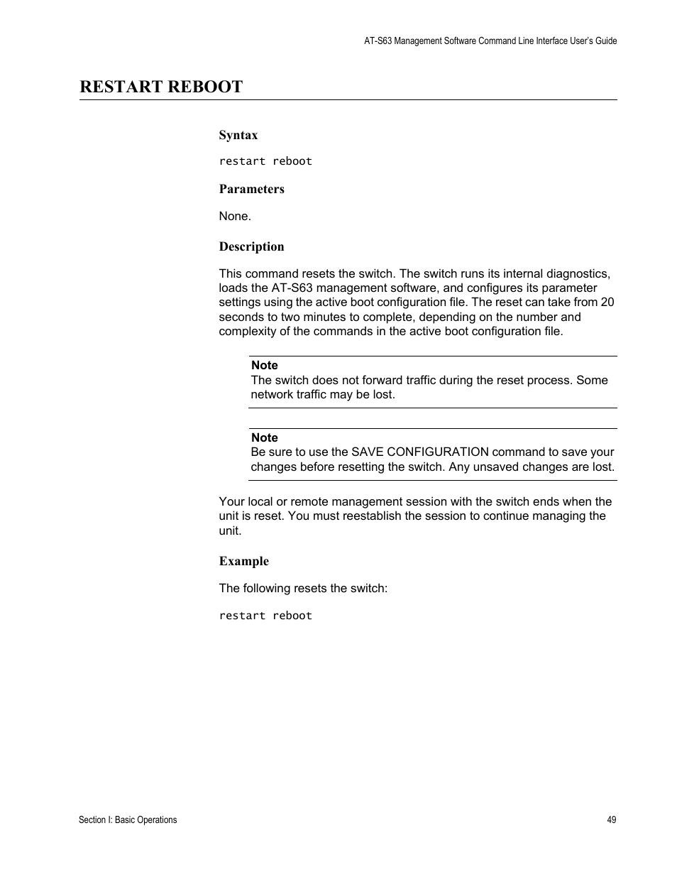 Restart reboot | Allied Telesis AT-S63 User Manual | Page 49 / 718