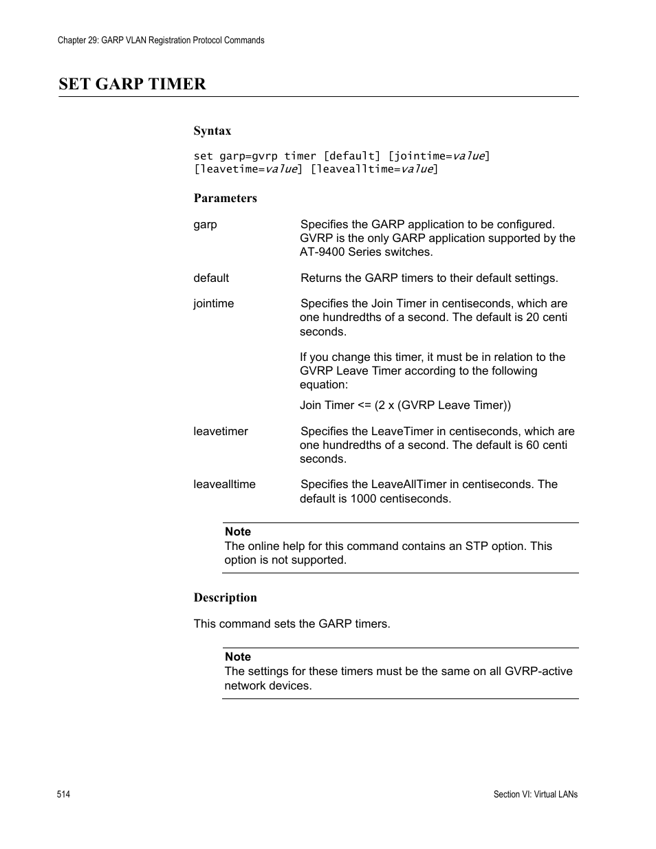 Set garp timer | Allied Telesis AT-S63 User Manual | Page 514 / 718