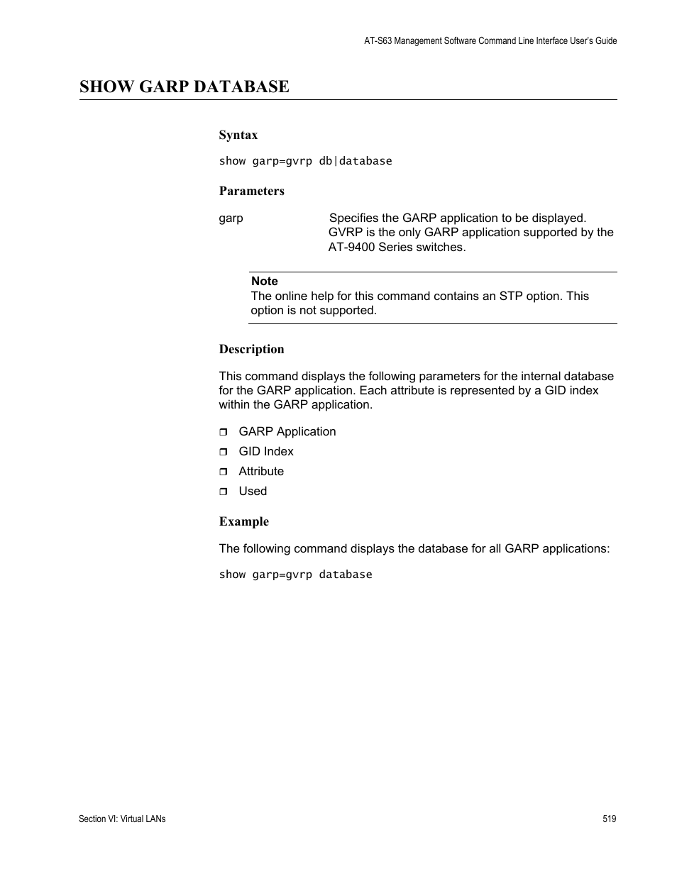 Show garp database | Allied Telesis AT-S63 User Manual | Page 519 / 718