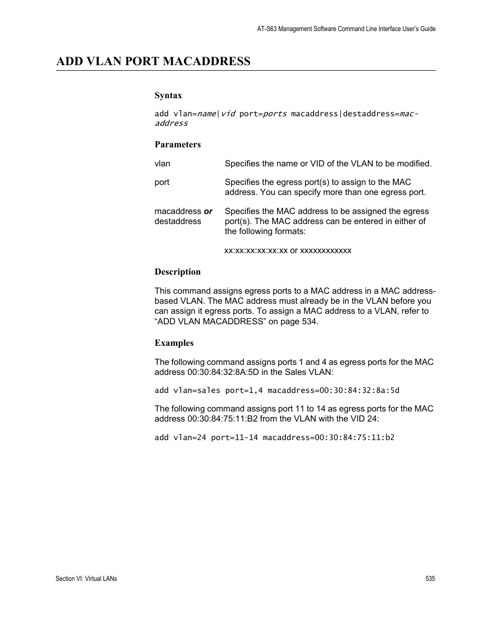 Add vlan port macaddress | Allied Telesis AT-S63 User Manual | Page 535 / 718
