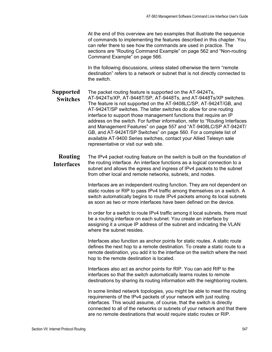 Supported switches, Routing interfaces, Supported switches routing interfaces | Allied Telesis AT-S63 User Manual | Page 547 / 718