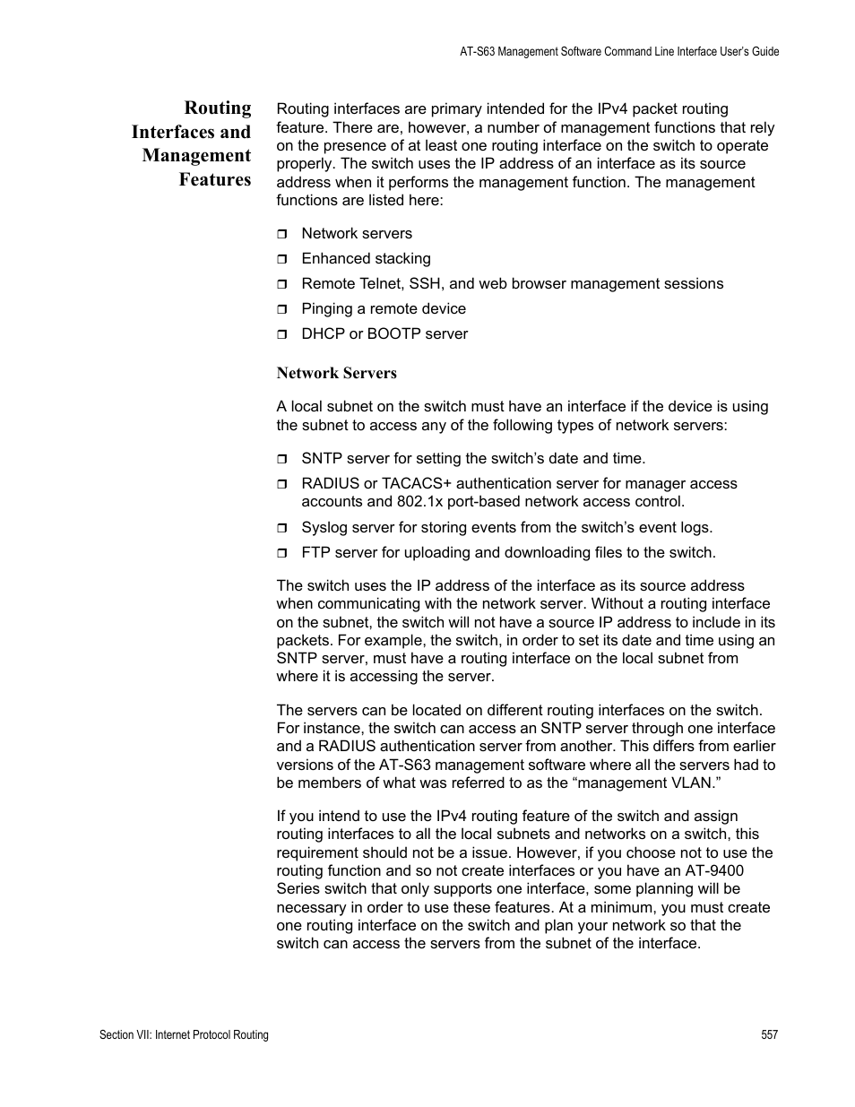 Routing interfaces and management features | Allied Telesis AT-S63 User Manual | Page 557 / 718