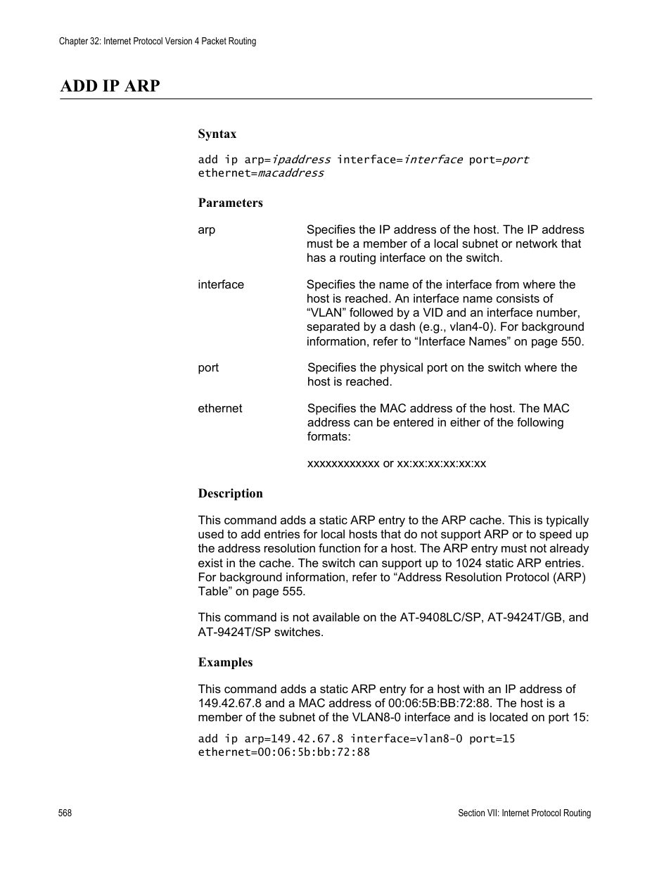 Add ip arp | Allied Telesis AT-S63 User Manual | Page 568 / 718