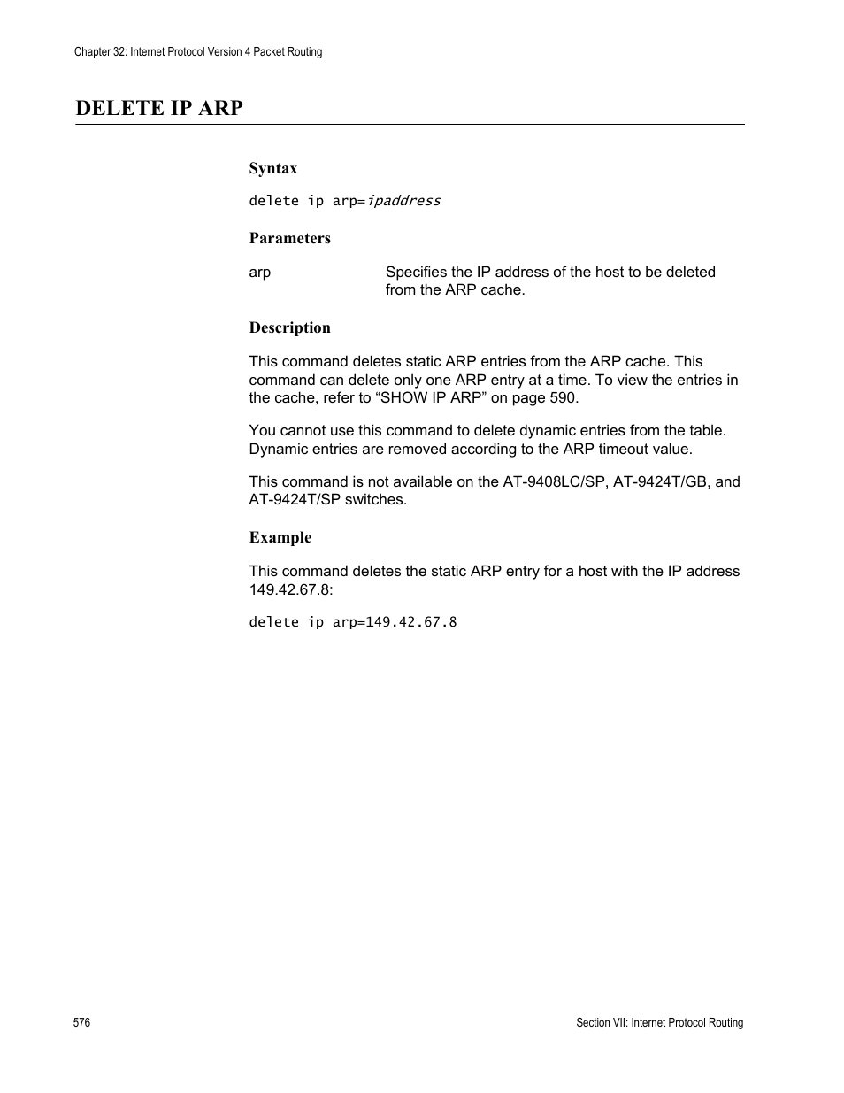 Delete ip arp | Allied Telesis AT-S63 User Manual | Page 576 / 718
