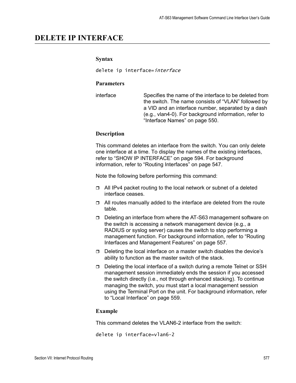 Delete ip interface | Allied Telesis AT-S63 User Manual | Page 577 / 718