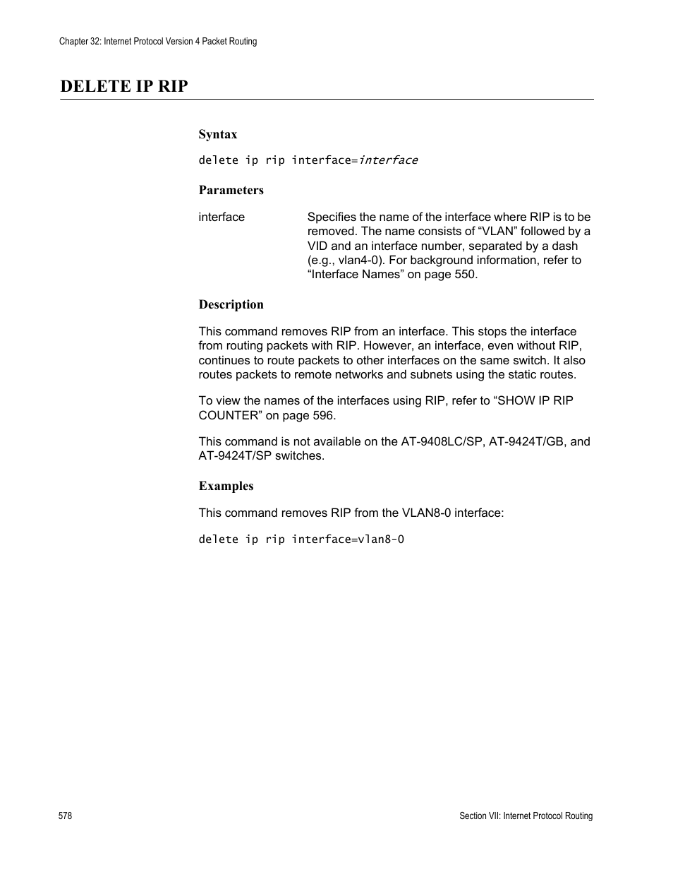 Delete ip rip | Allied Telesis AT-S63 User Manual | Page 578 / 718