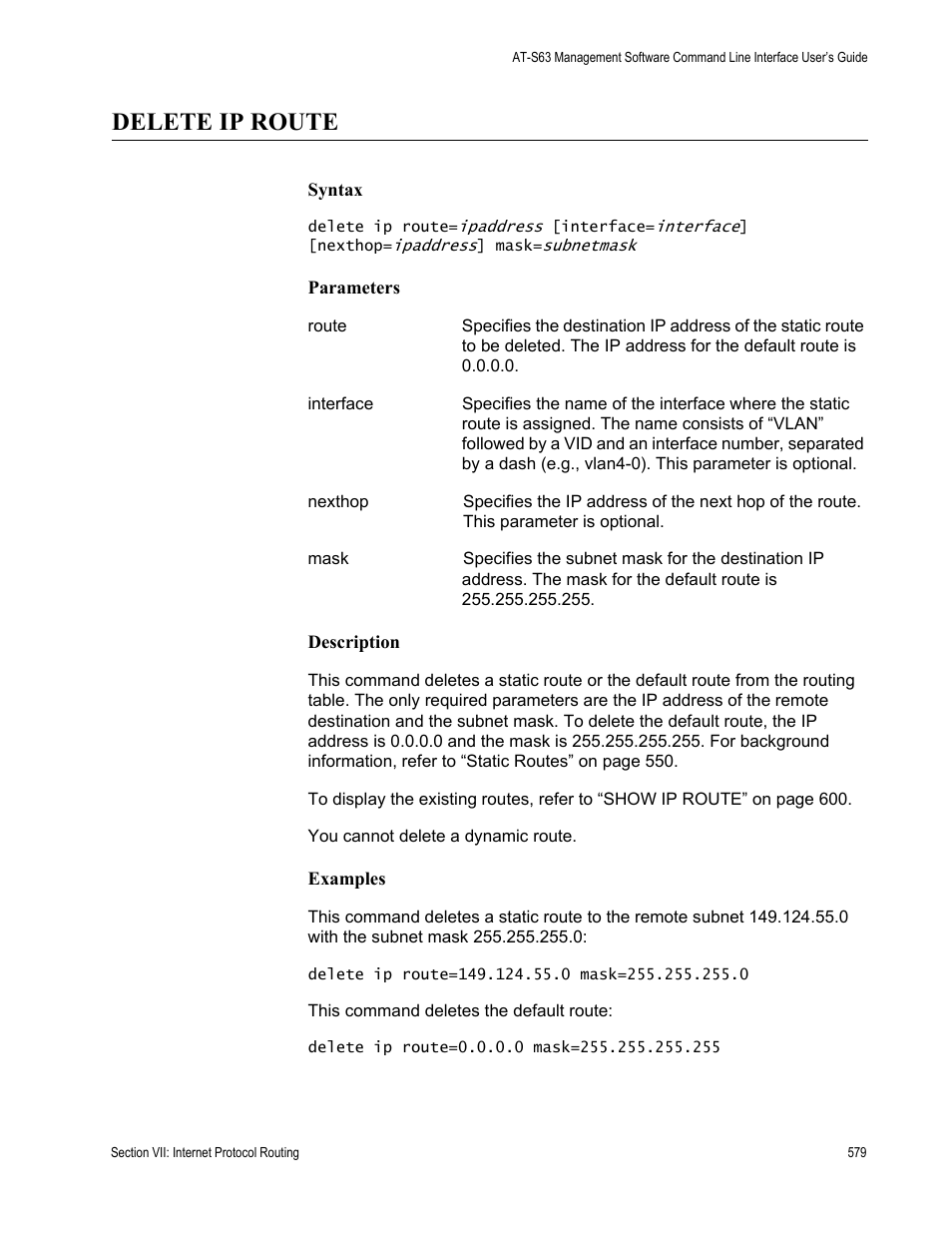 Delete ip route | Allied Telesis AT-S63 User Manual | Page 579 / 718