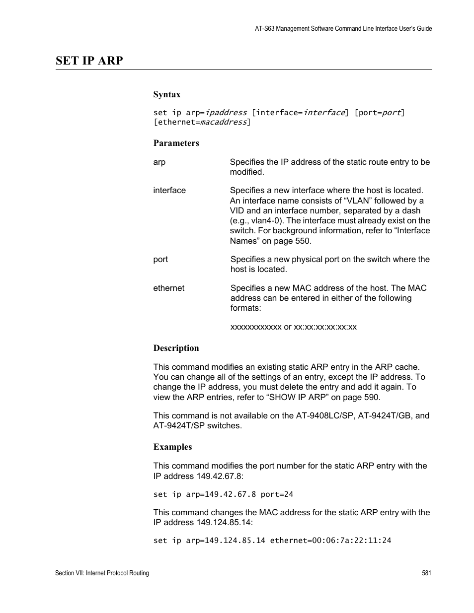 Set ip arp, Age 581 | Allied Telesis AT-S63 User Manual | Page 581 / 718