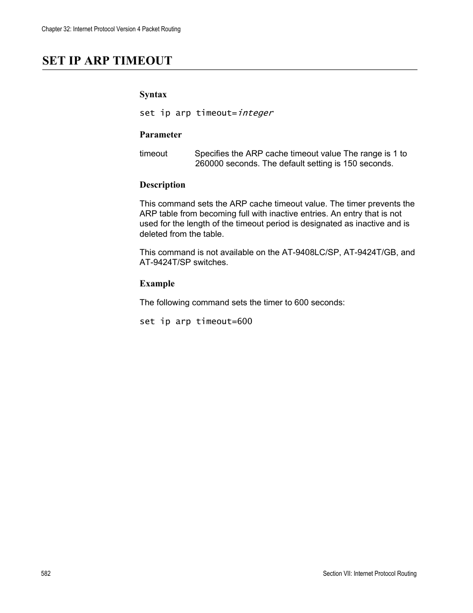 Set ip arp timeout | Allied Telesis AT-S63 User Manual | Page 582 / 718