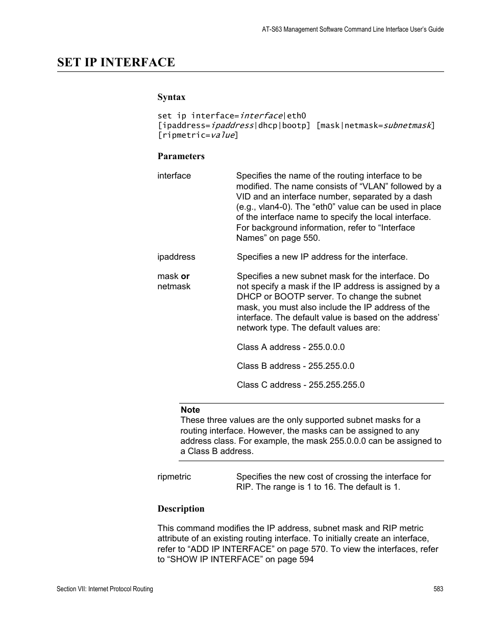 Set ip interface | Allied Telesis AT-S63 User Manual | Page 583 / 718