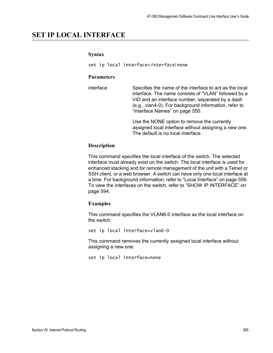 Set ip local interface | Allied Telesis AT-S63 User Manual | Page 585 / 718