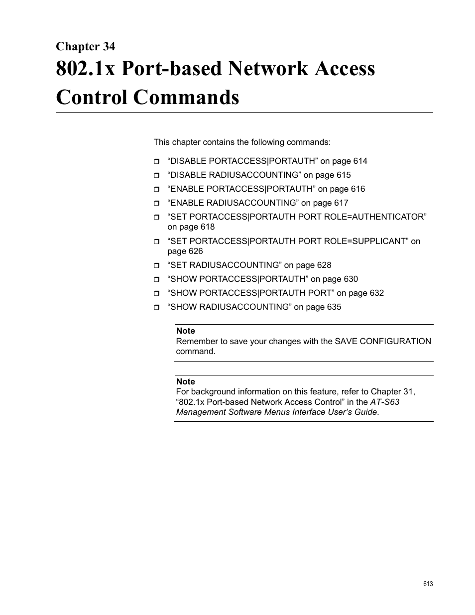 Chapter 34, 1x port-based network access control commands | Allied Telesis AT-S63 User Manual | Page 613 / 718