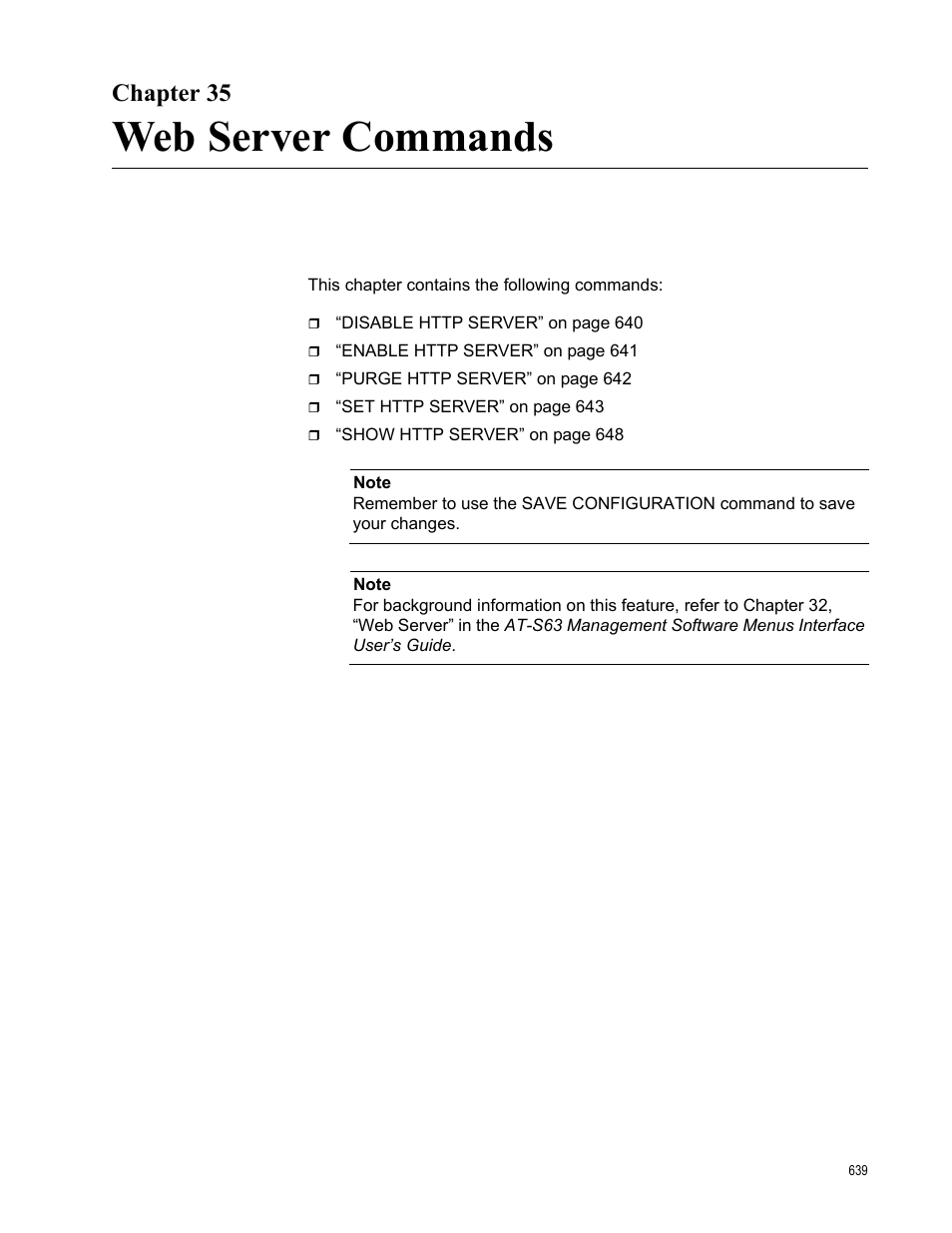 Chapter 35, Web server commands, Chapter 35: web server commands | Allied Telesis AT-S63 User Manual | Page 639 / 718