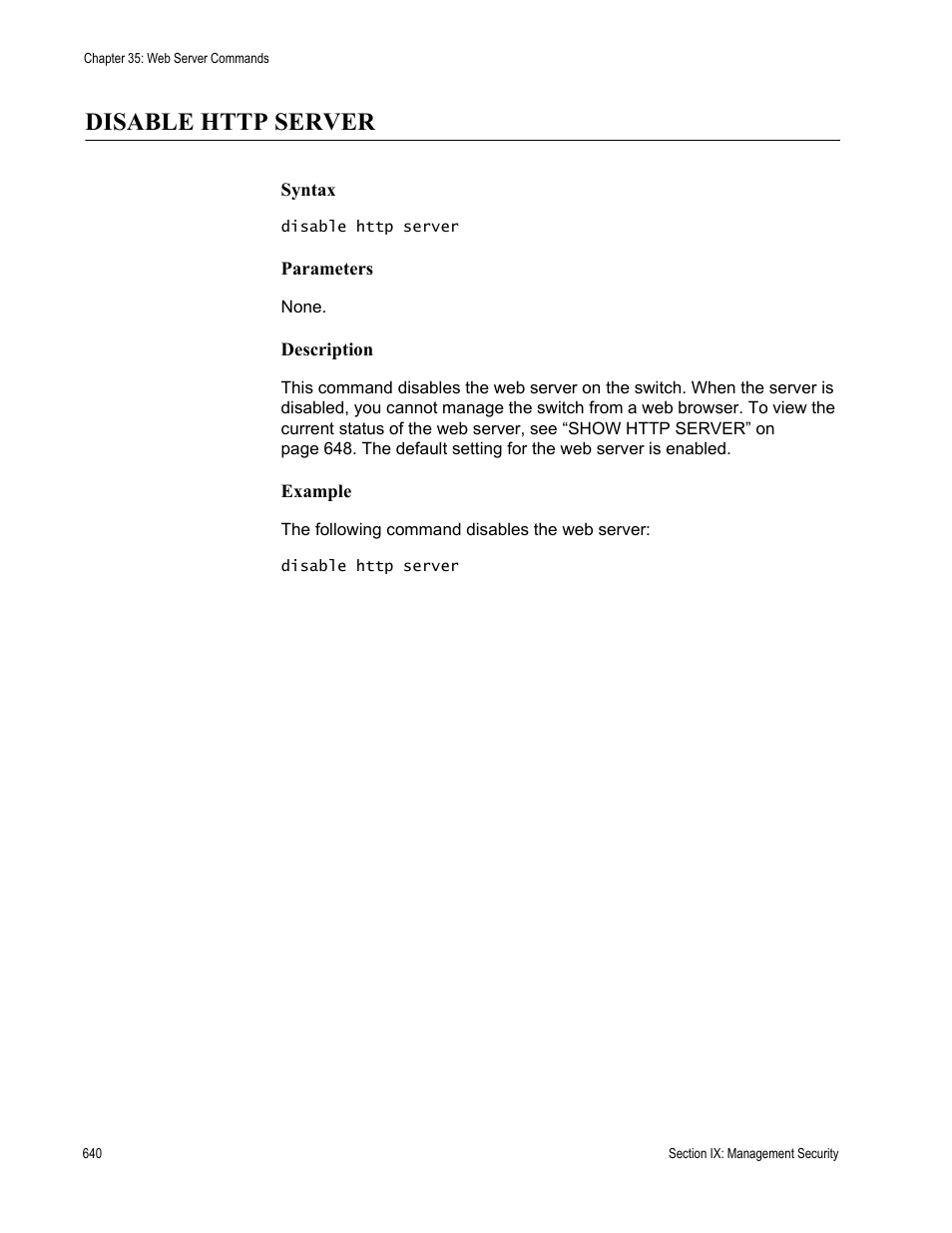 Disable http server | Allied Telesis AT-S63 User Manual | Page 640 / 718