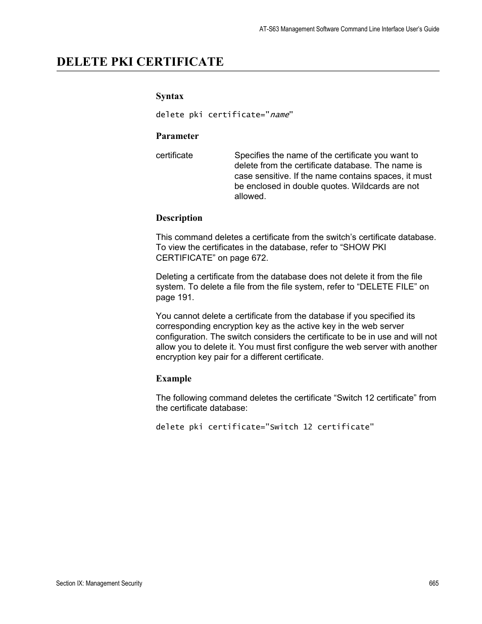 Delete pki certificate | Allied Telesis AT-S63 User Manual | Page 665 / 718