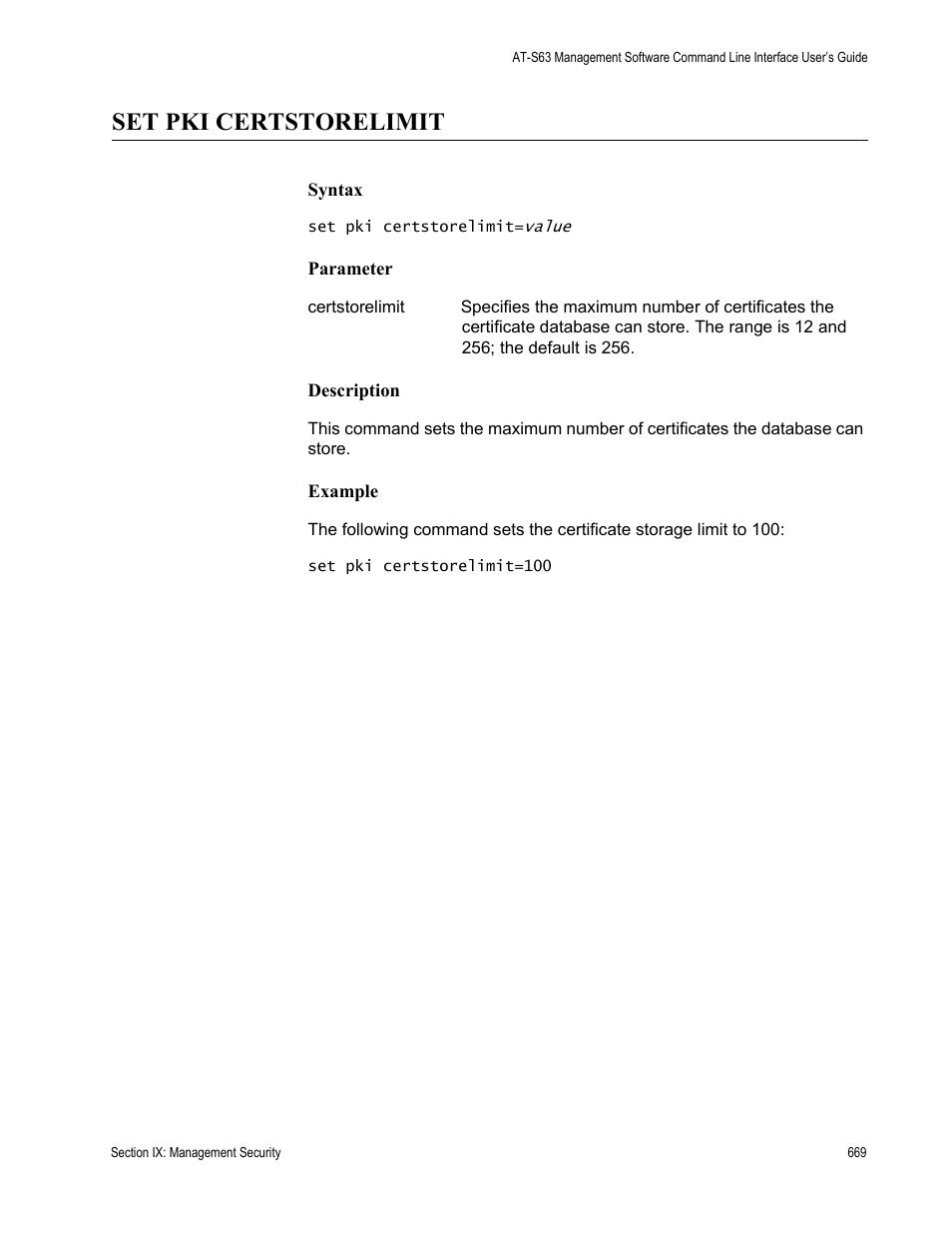 Set pki certstorelimit | Allied Telesis AT-S63 User Manual | Page 669 / 718