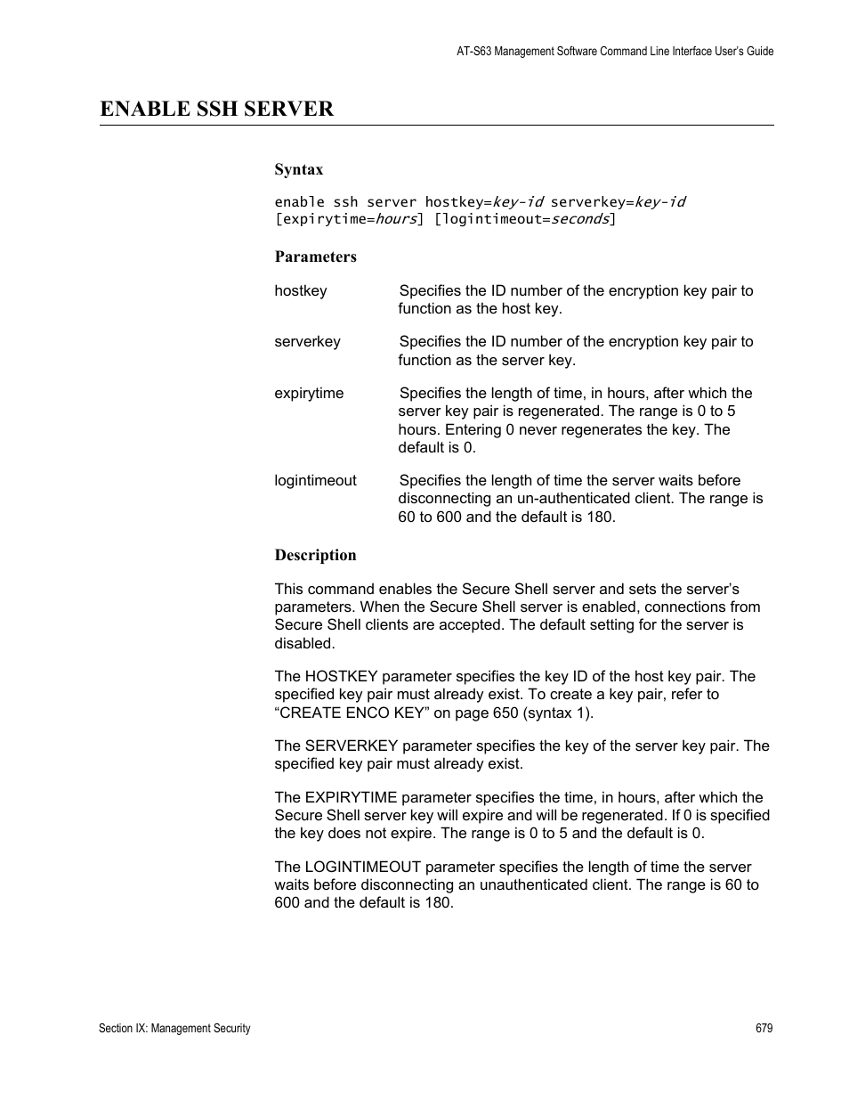 Enable ssh server | Allied Telesis AT-S63 User Manual | Page 679 / 718