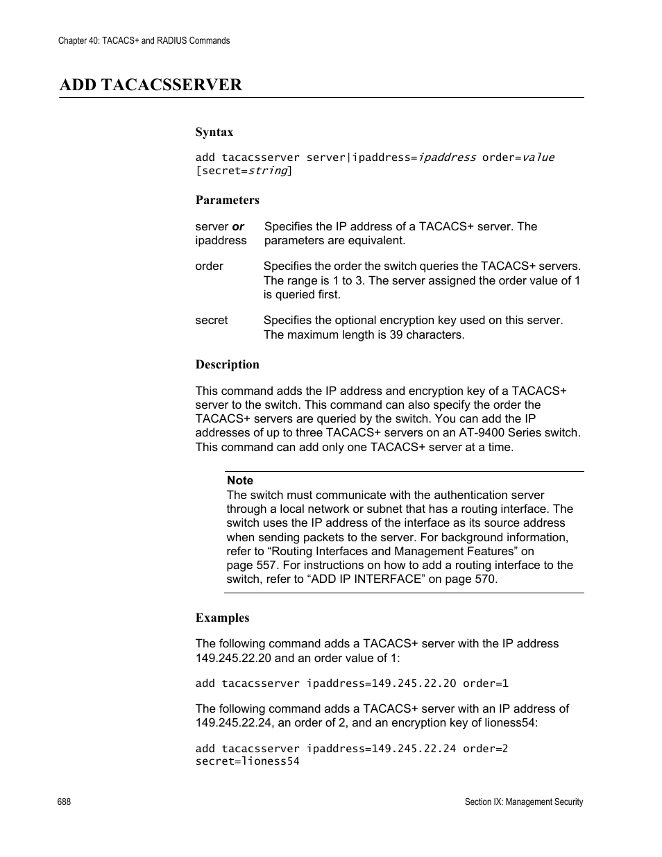 Add tacacsserver | Allied Telesis AT-S63 User Manual | Page 688 / 718