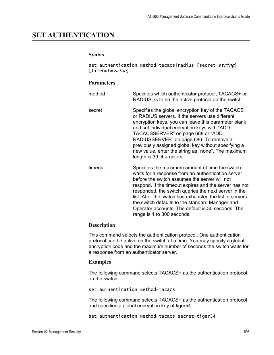Set authentication | Allied Telesis AT-S63 User Manual | Page 695 / 718
