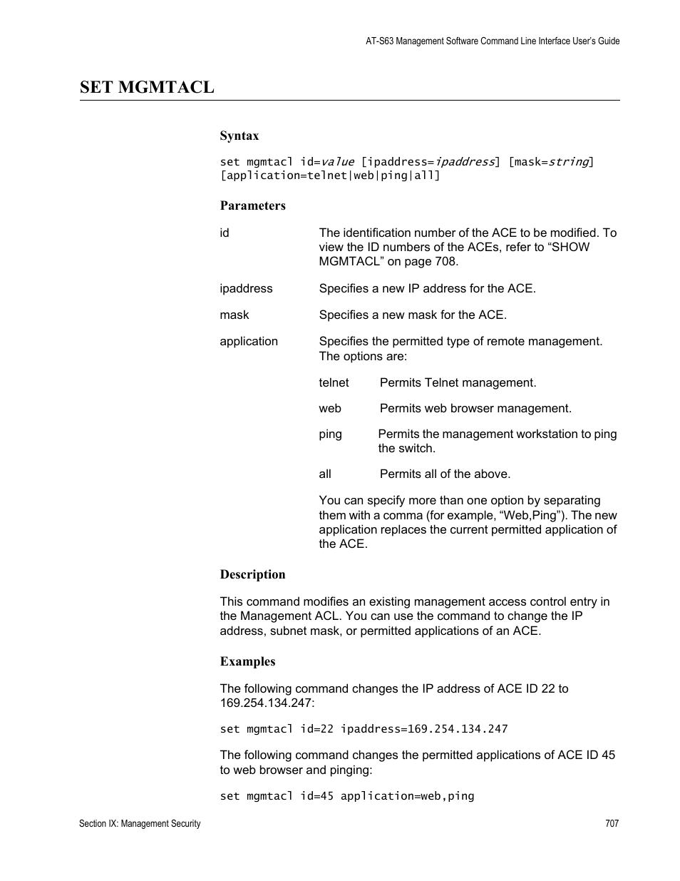 Set mgmtacl | Allied Telesis AT-S63 User Manual | Page 707 / 718
