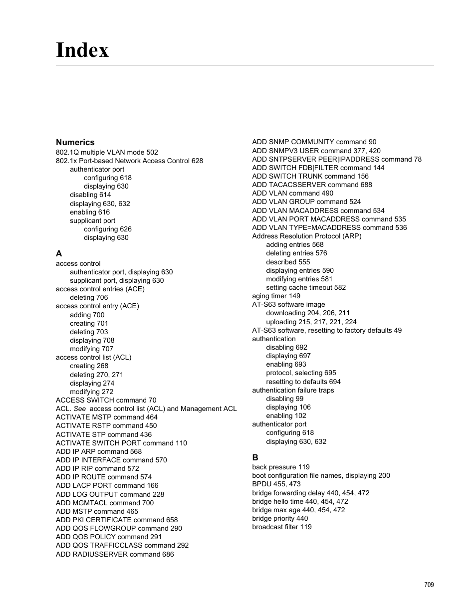 Index, Numerics | Allied Telesis AT-S63 User Manual | Page 709 / 718