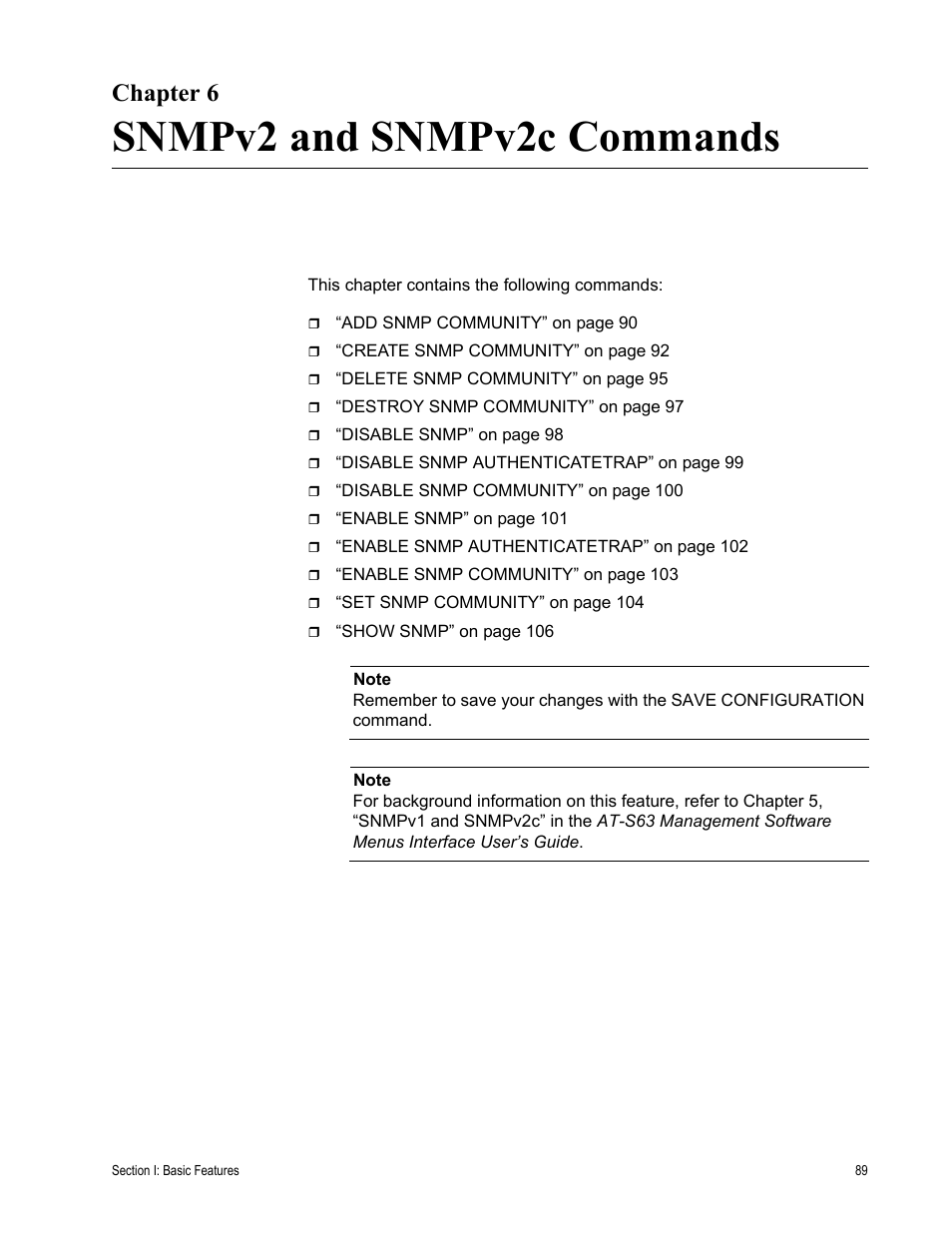 Chapter 6, Snmpv2 and snmpv2c commands, R 6: snmpv2 and snmpv2c commands | Allied Telesis AT-S63 User Manual | Page 89 / 718