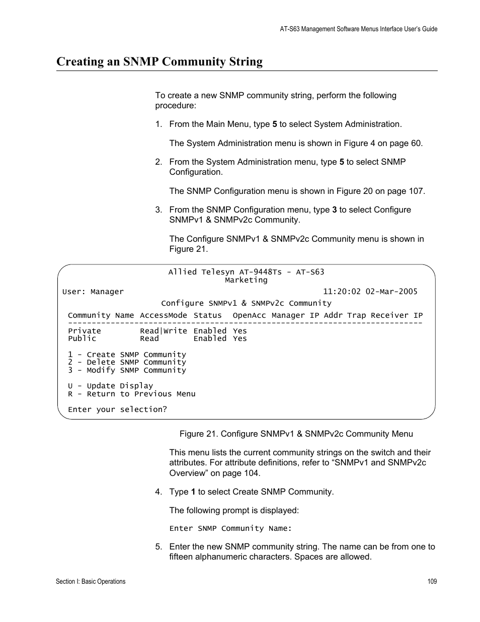 Creating an snmp community string | Allied Telesis AT-S63 User Manual | Page 109 / 944