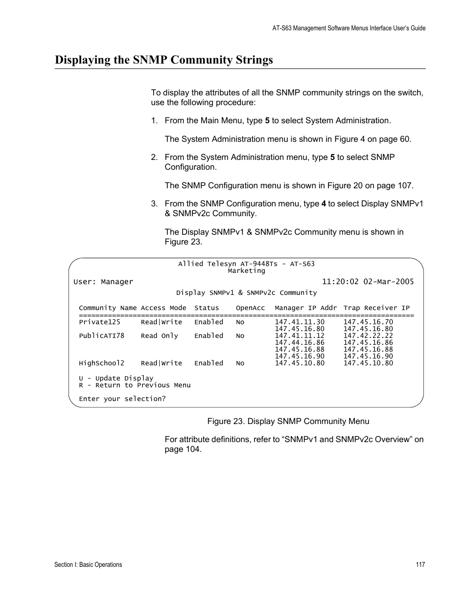 Displaying the snmp community strings, Figure 23: display snmp community menu | Allied Telesis AT-S63 User Manual | Page 117 / 944
