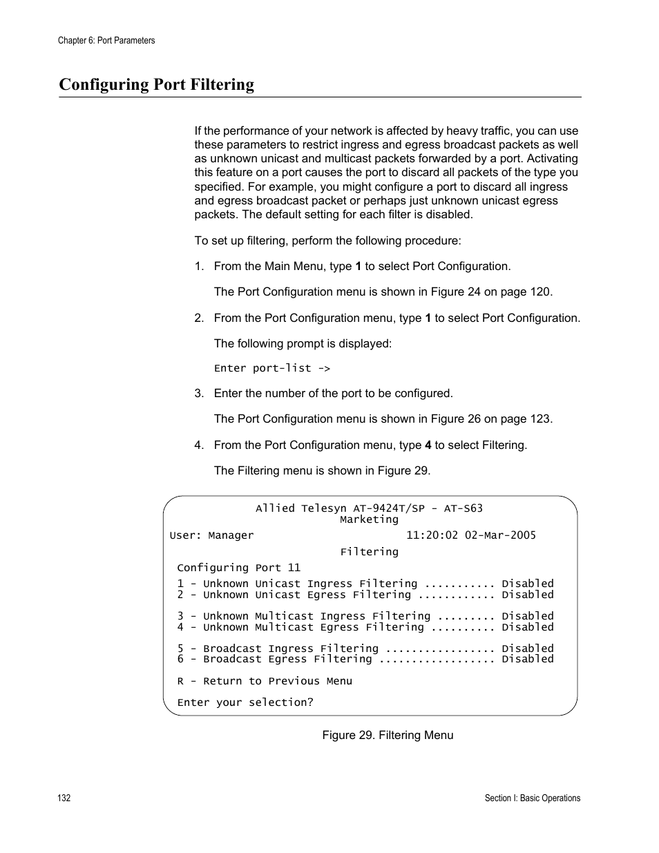 Configuring port filtering, Figure 29: filtering menu | Allied Telesis AT-S63 User Manual | Page 132 / 944
