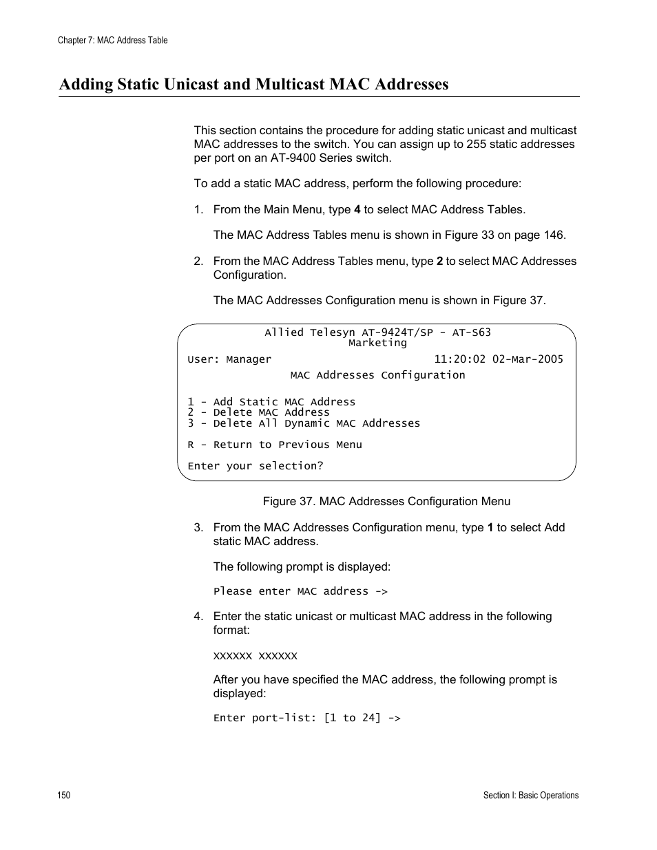 Adding static unicast and multicast mac addresses, Mac addresses configuration menu | Allied Telesis AT-S63 User Manual | Page 150 / 944