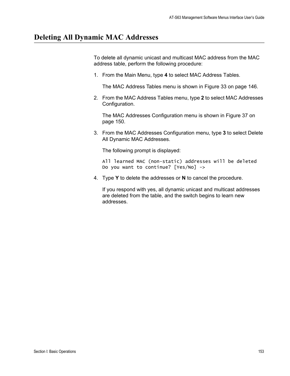 Deleting all dynamic mac addresses | Allied Telesis AT-S63 User Manual | Page 153 / 944