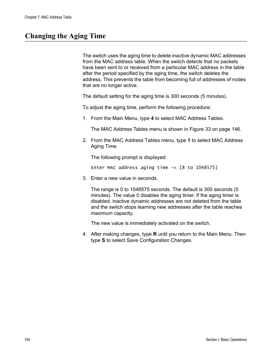 Changing the aging time | Allied Telesis AT-S63 User Manual | Page 154 / 944