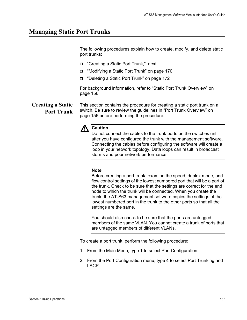 Managing static port trunks, Creating a static port trunk | Allied Telesis AT-S63 User Manual | Page 167 / 944