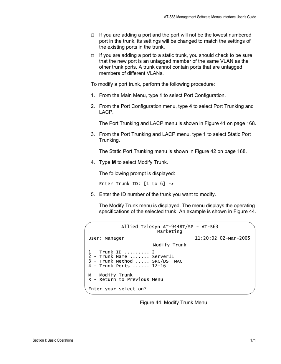 Figure 44: modify trunk menu | Allied Telesis AT-S63 User Manual | Page 171 / 944