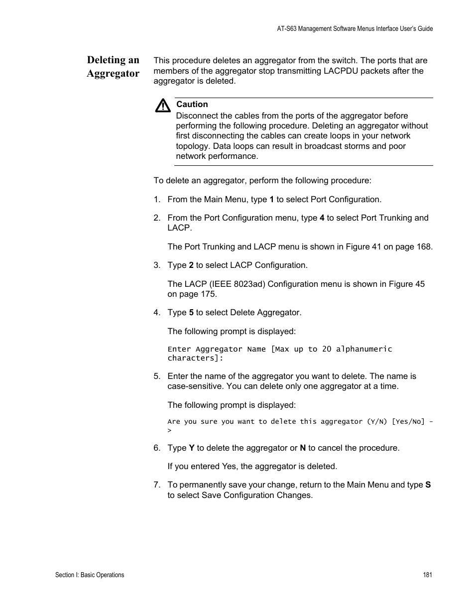 Deleting an aggregator | Allied Telesis AT-S63 User Manual | Page 181 / 944