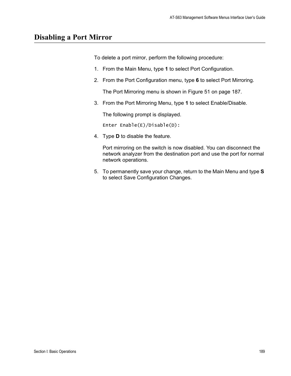 Disabling a port mirror | Allied Telesis AT-S63 User Manual | Page 189 / 944