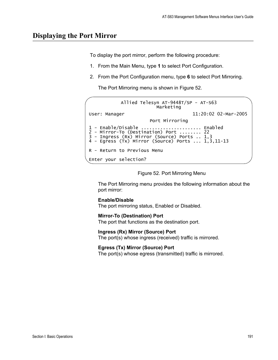 Displaying the port mirror, Figure 52: port mirroring menu | Allied Telesis AT-S63 User Manual | Page 191 / 944