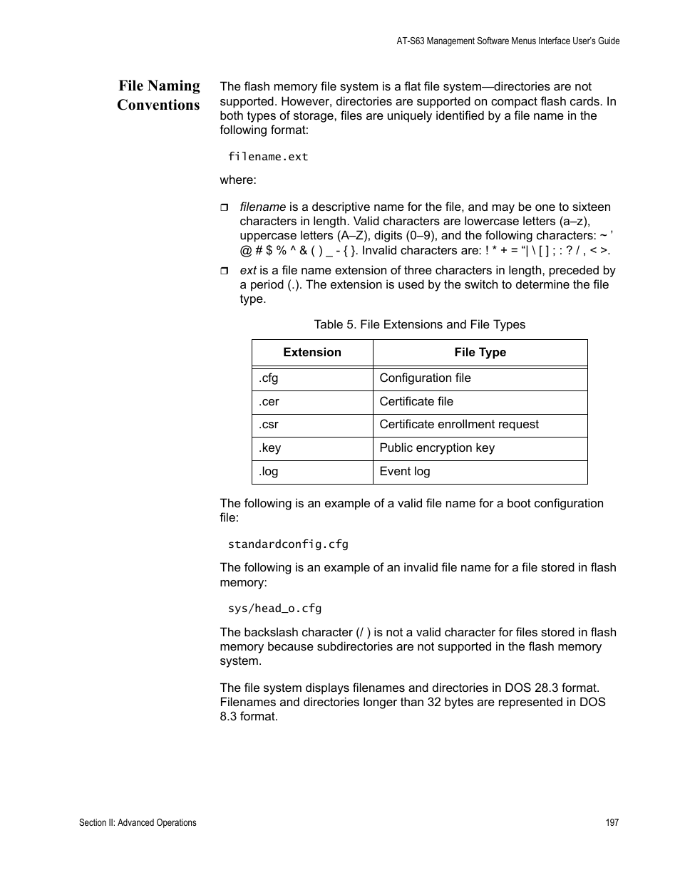 File naming conventions, Table 5: file extensions and file types | Allied Telesis AT-S63 User Manual | Page 197 / 944