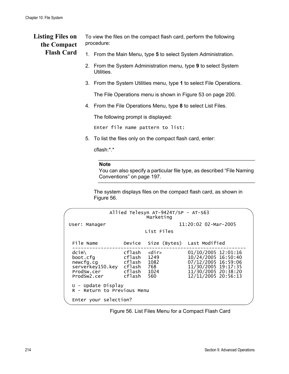 Listing files on the compact flash card | Allied Telesis AT-S63 User Manual | Page 214 / 944
