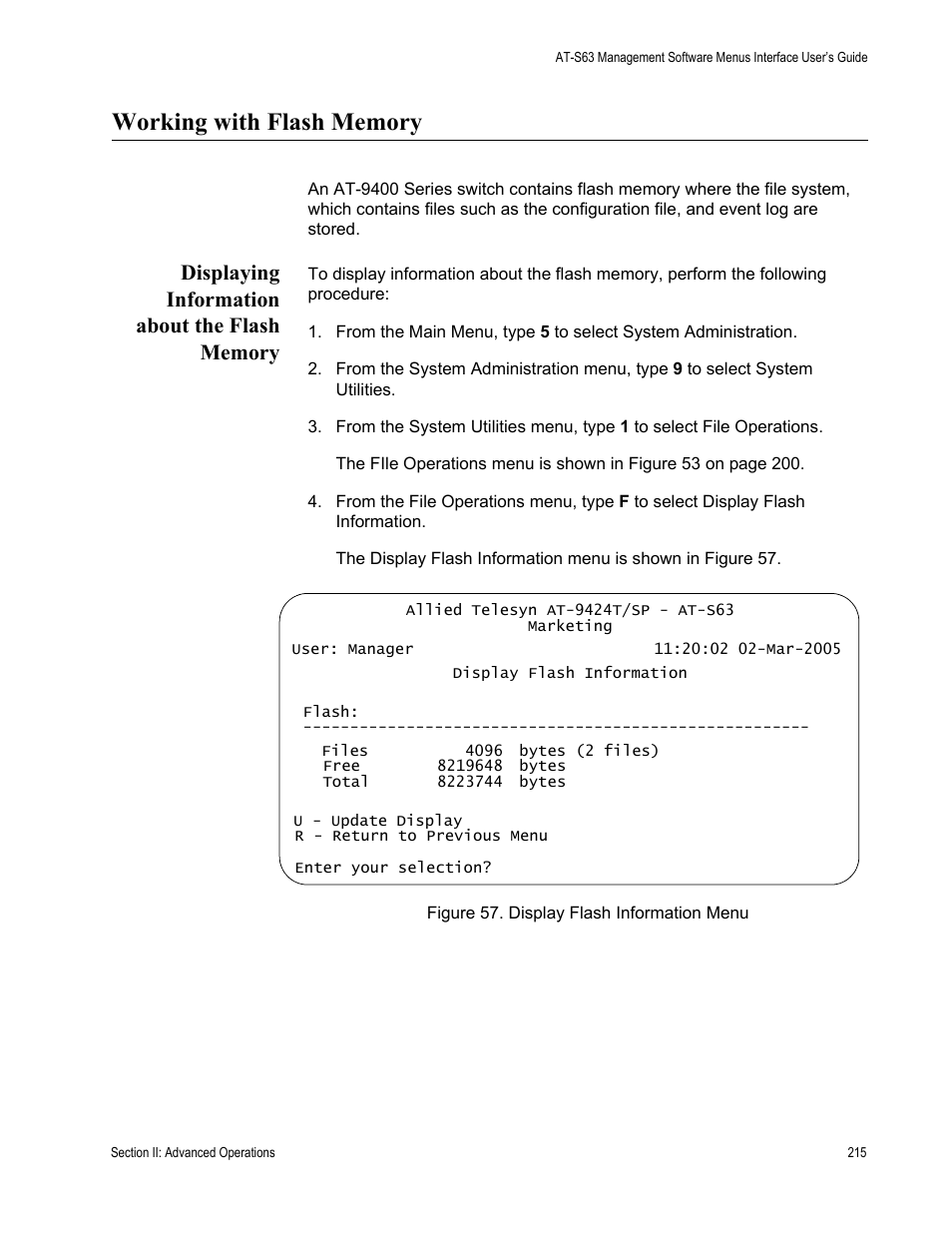 Working with flash memory, Displaying information about the flash memory, Figure 57: display flash information menu | Allied Telesis AT-S63 User Manual | Page 215 / 944